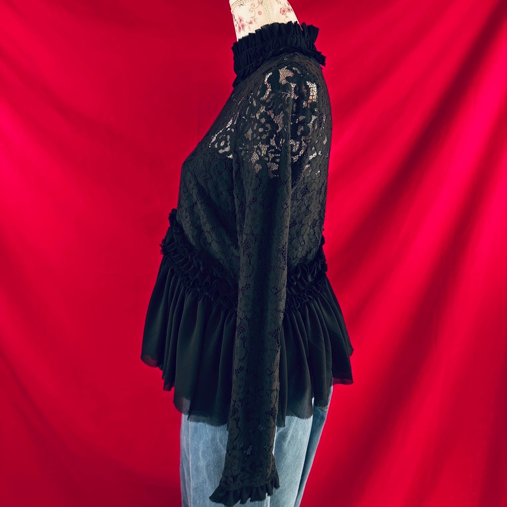 TUCKERNUCK Black Lace Ruffle Peplum Myla Top Mock Neck Long Sleeve Blouse XS - Picture 4 of 17